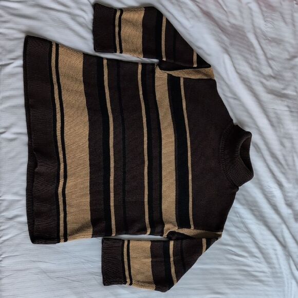 St John Sport by Marie Gray Mixed Stripe Brown & Tan Women's Turtleneck Sweater - Picture 2 of 9